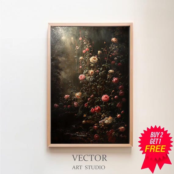 Moody Dark Botanical Floral Rose Flower Art Dark Cottagecore Gothic Art Vintage Floral Dark Academia Romantic Roses Wall Decor