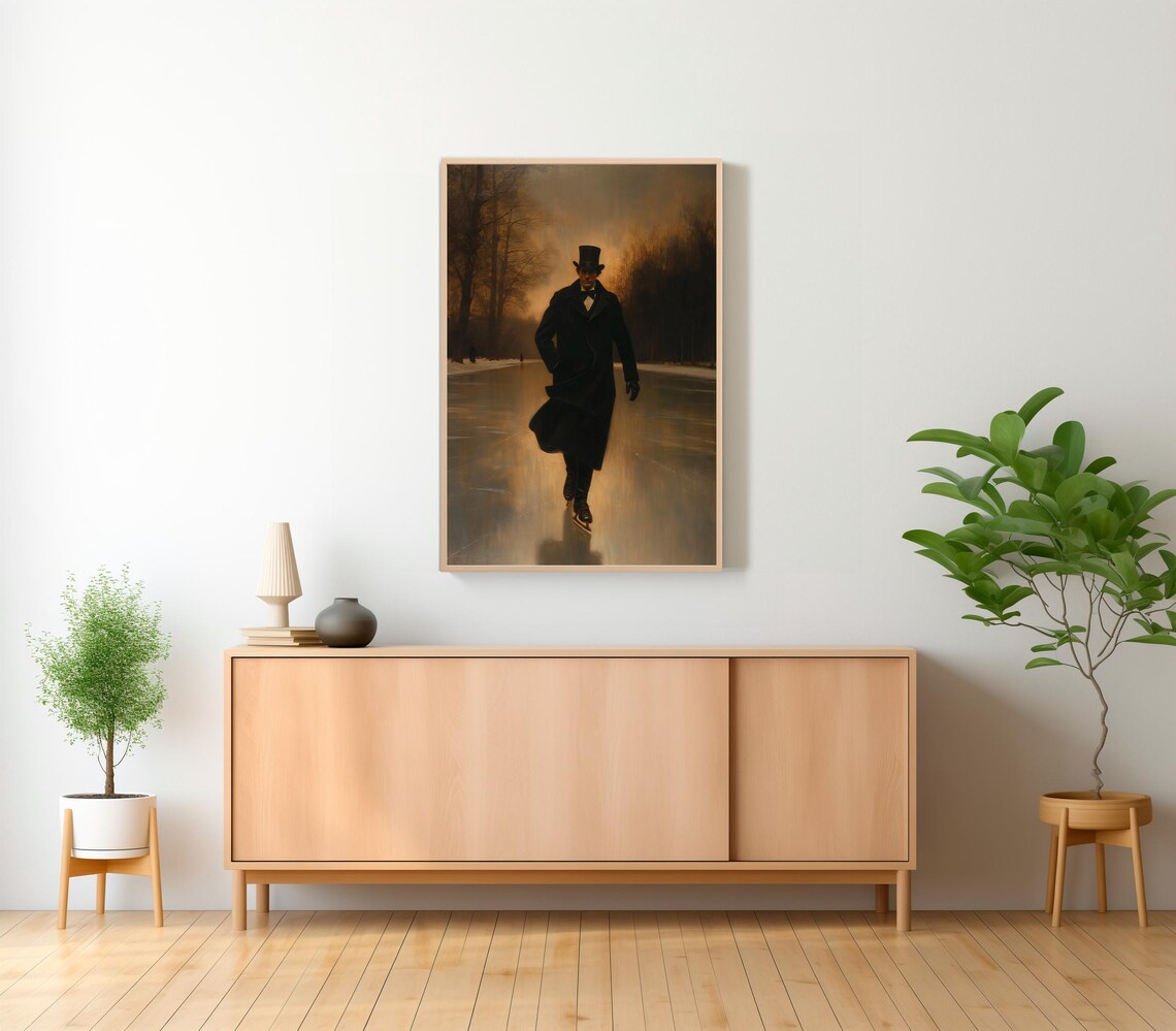 Top Hatted Gentleman Skating On Frozen River Moody Winter Poster - Image 2