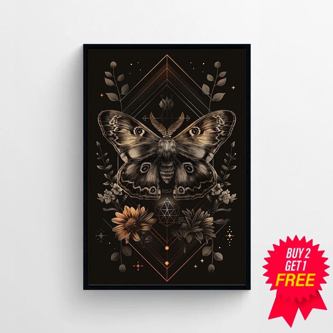 Art Nouveau Golden Moth with Sacred Geometry on Black Mystical Poster - Image 4