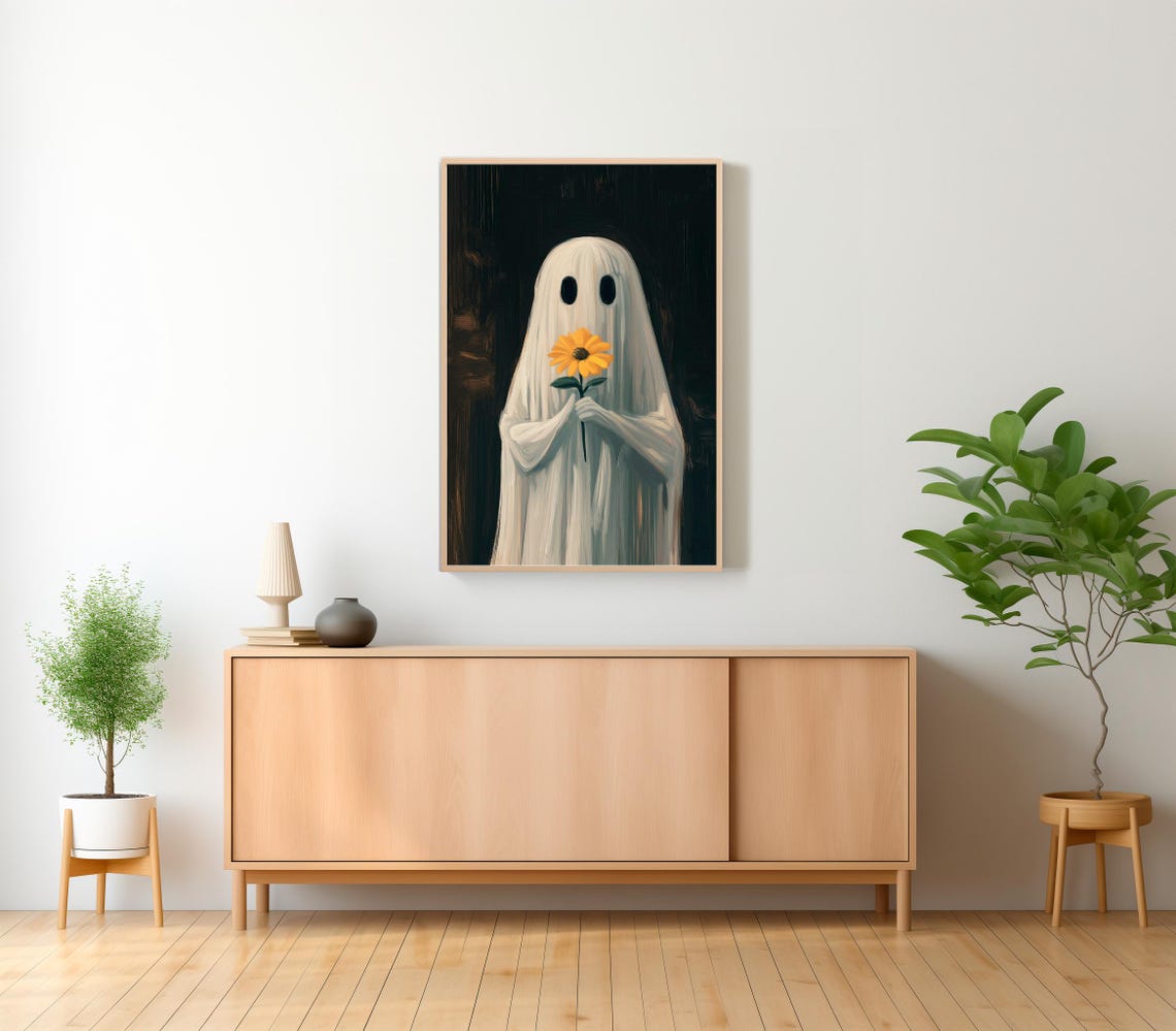 Sheet Ghost Holding a Yellow Daisy Flower Dark Spooky Art Poster - Image 2