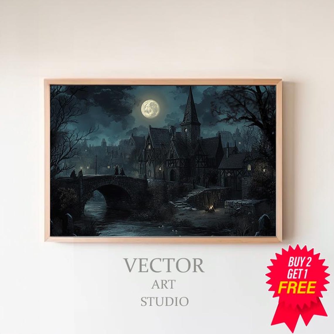 Moonlit Village With Church Spire Spooky Gothic Painting Poster