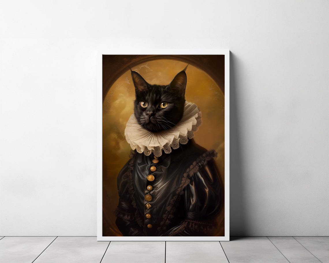 Regal Black Cat Renaissance Ruff Collar Portrait Golden Art Poster - Image 3