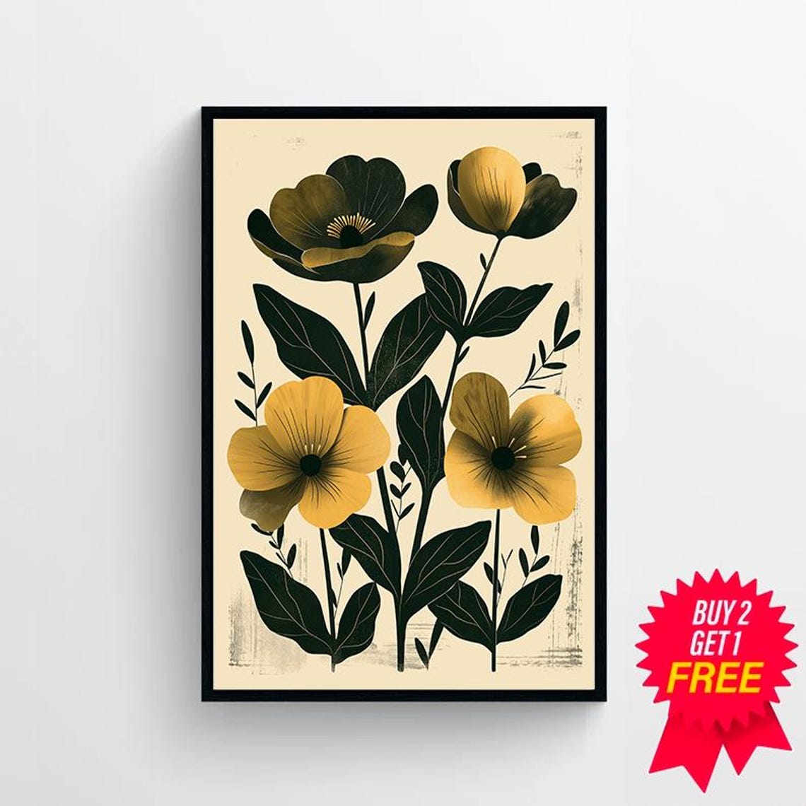 Boho Mustard Bloom Botanical Folk Art Cream Background Poster - Image 4