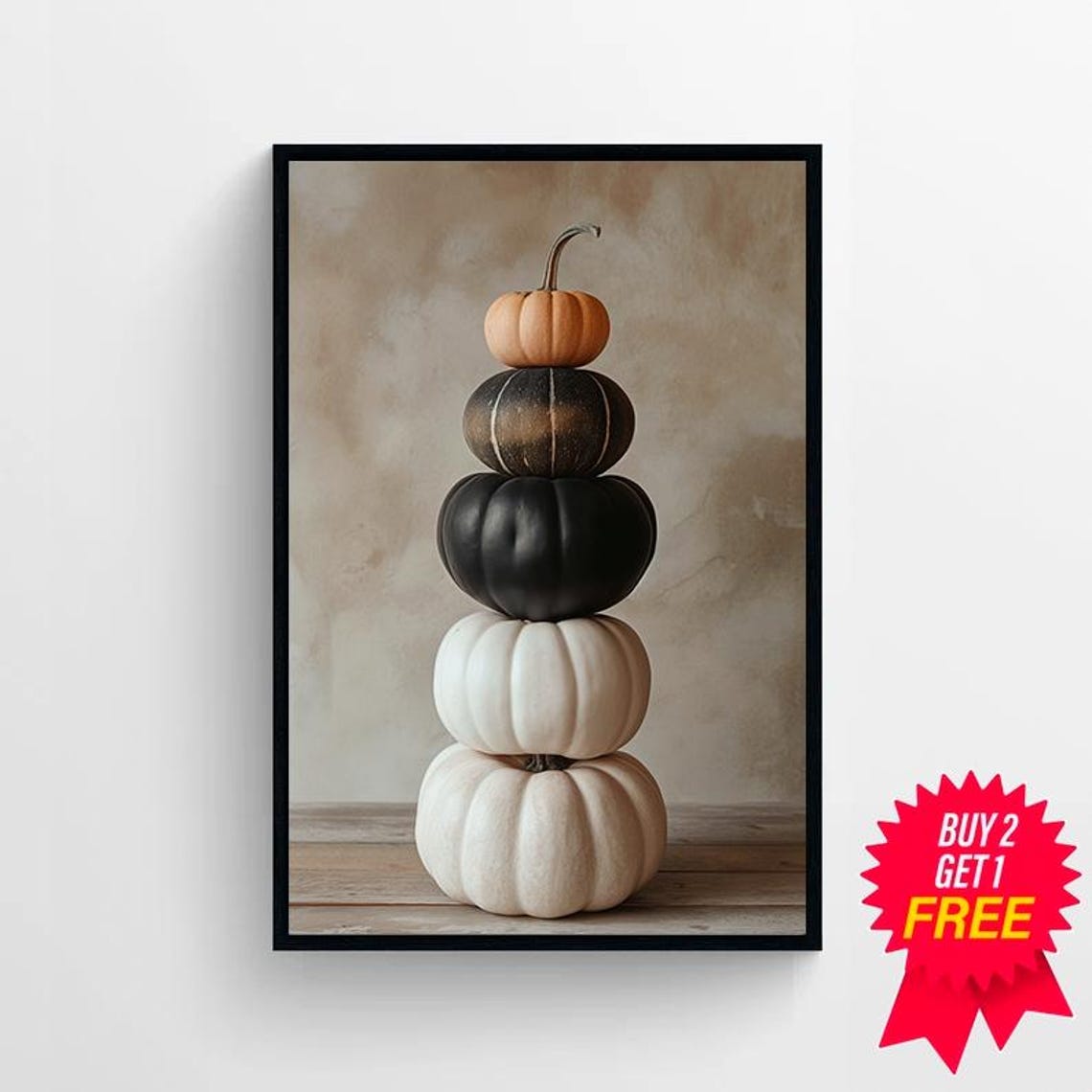 Tall Stack of Five Pumpkins in Black White and Orange Fall Art Poster - Image 4