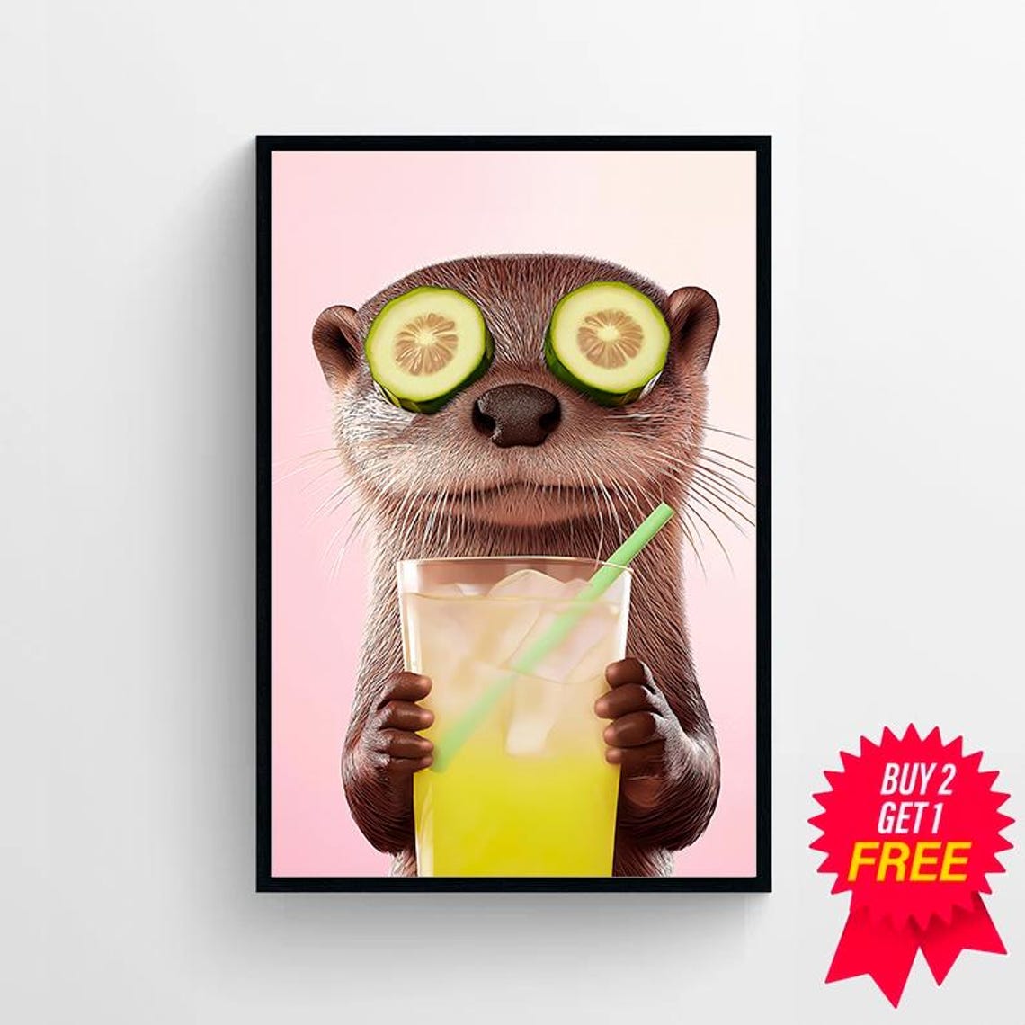 Funny Otter with Cucumber Slices Sipping Lemonade on Pink Poster - Image 4