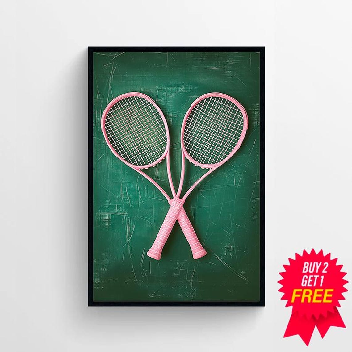 Crossed Pink Tennis Rackets on Moody Green Chalkboard Style Poster - Image 4