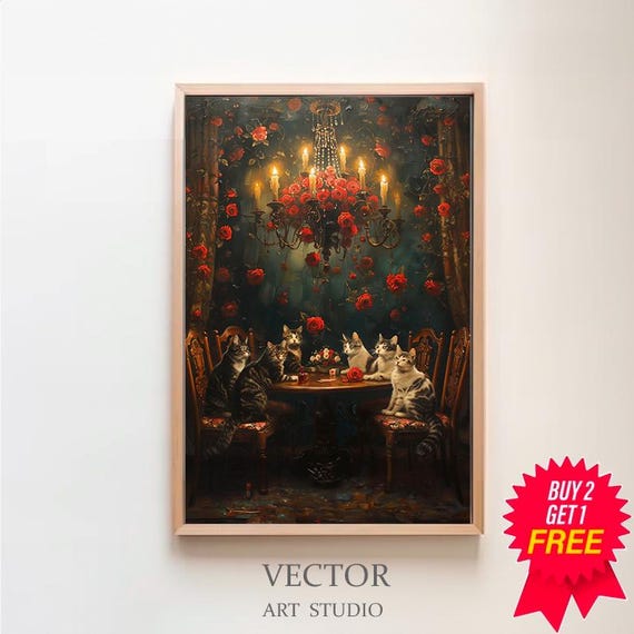 Cat Sabbath In Victorian Mansion Dark Academia Cottagecore Antique Oil Painting Moody Wall Art Decor Vintage Interior Scene Art