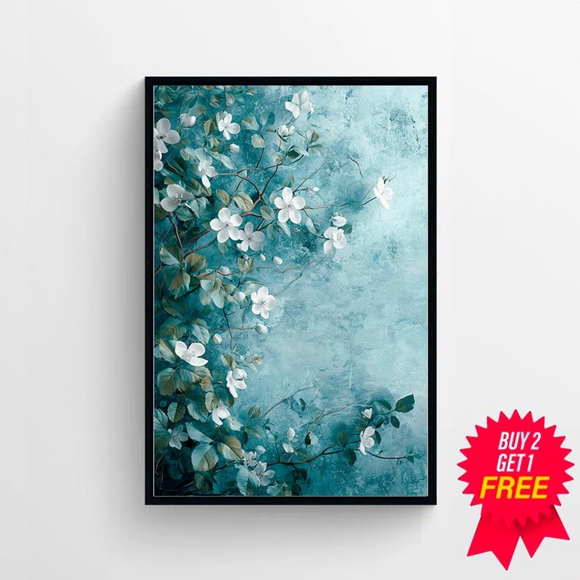 White Spring Blossoms on Teal Textured Background Botanical Poster - Image 4