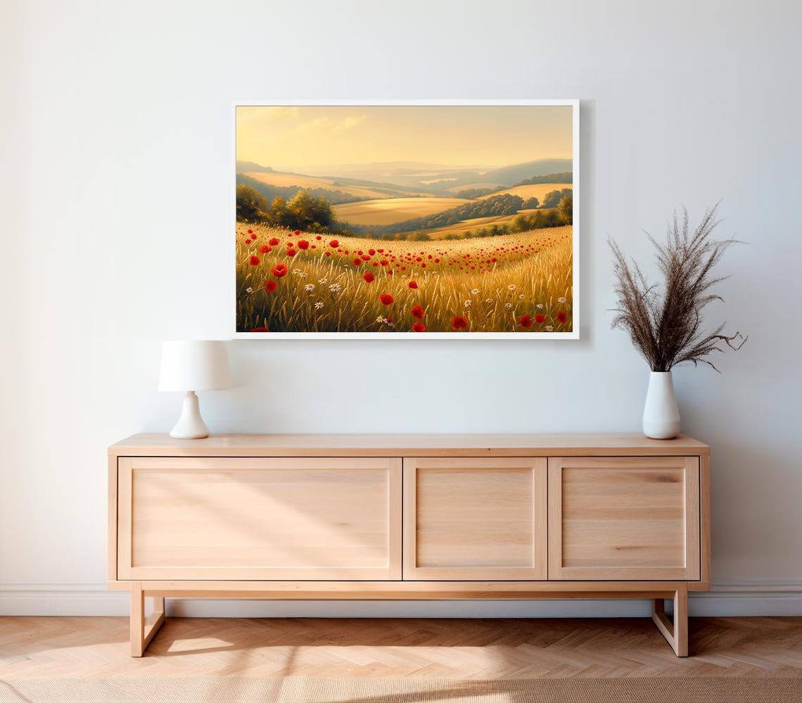 Golden Wheat Field With Red Poppies At Sunset Meadow Art Poster - Image 2