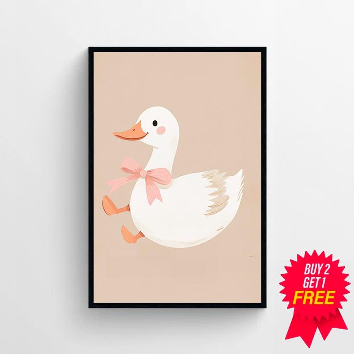 Cute White Duck With Pink Bow Running on Beige Nursery Poster - Image 4