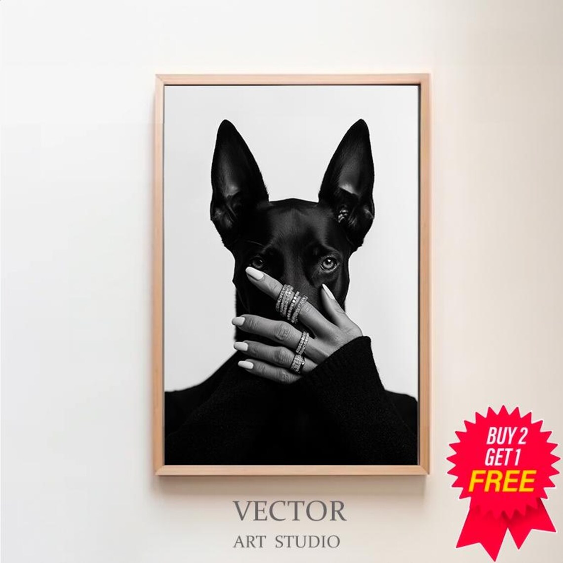 Doberman Pinscher Black And White Fashion Art Print