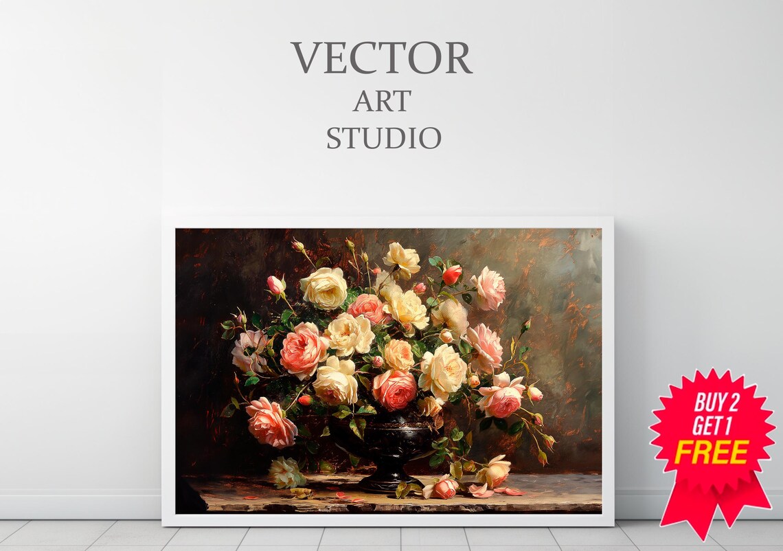 Pink and Cream Roses in a Black Urn Moody Vintage Still Life Poster - Image 3
