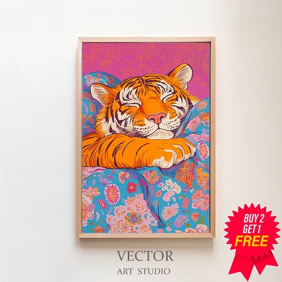 Sleeping Tiger Wrapped in a Colorful Patterned Blanket Pop Art Poster