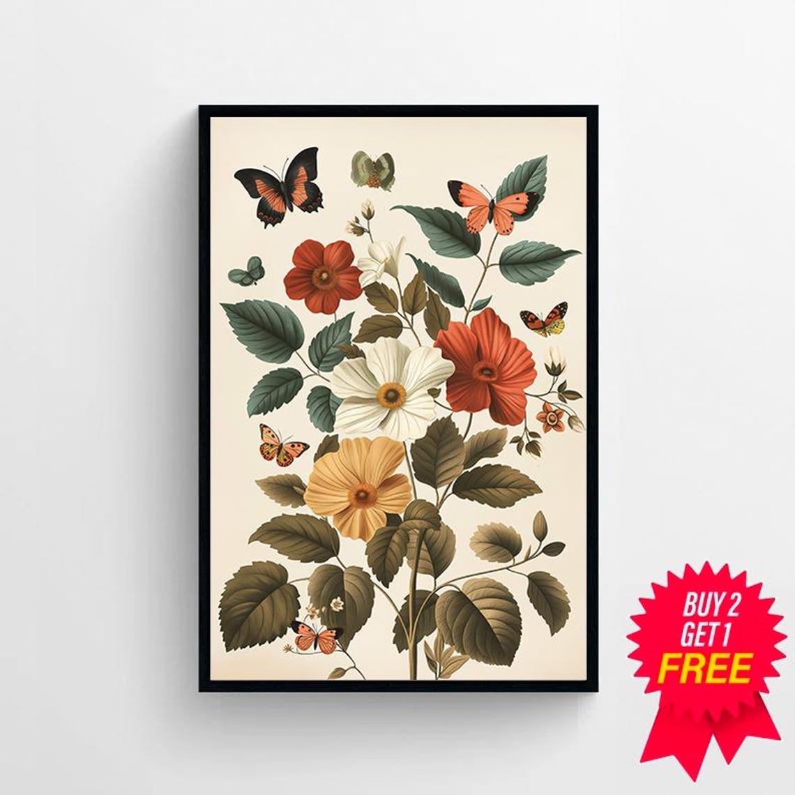 Delicate Vintage Botanical Flowers and Butterflies Cream Poster - Image 4