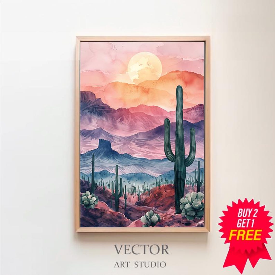 Sonoran Desert Sunrise Saguaro Cactus Mountains Watercolor Poster