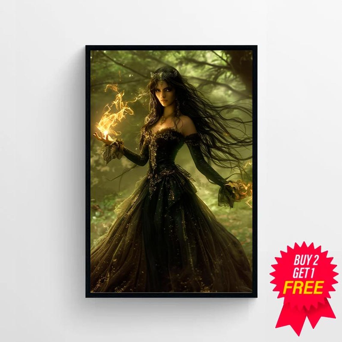 Dark Enchantress Holding Fire In Enchanted Forest Fantasy Poster - Image 4