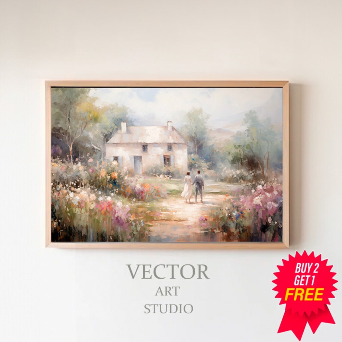 Cottage Garden Romance: Couple Walking to a Country Cottage Poster