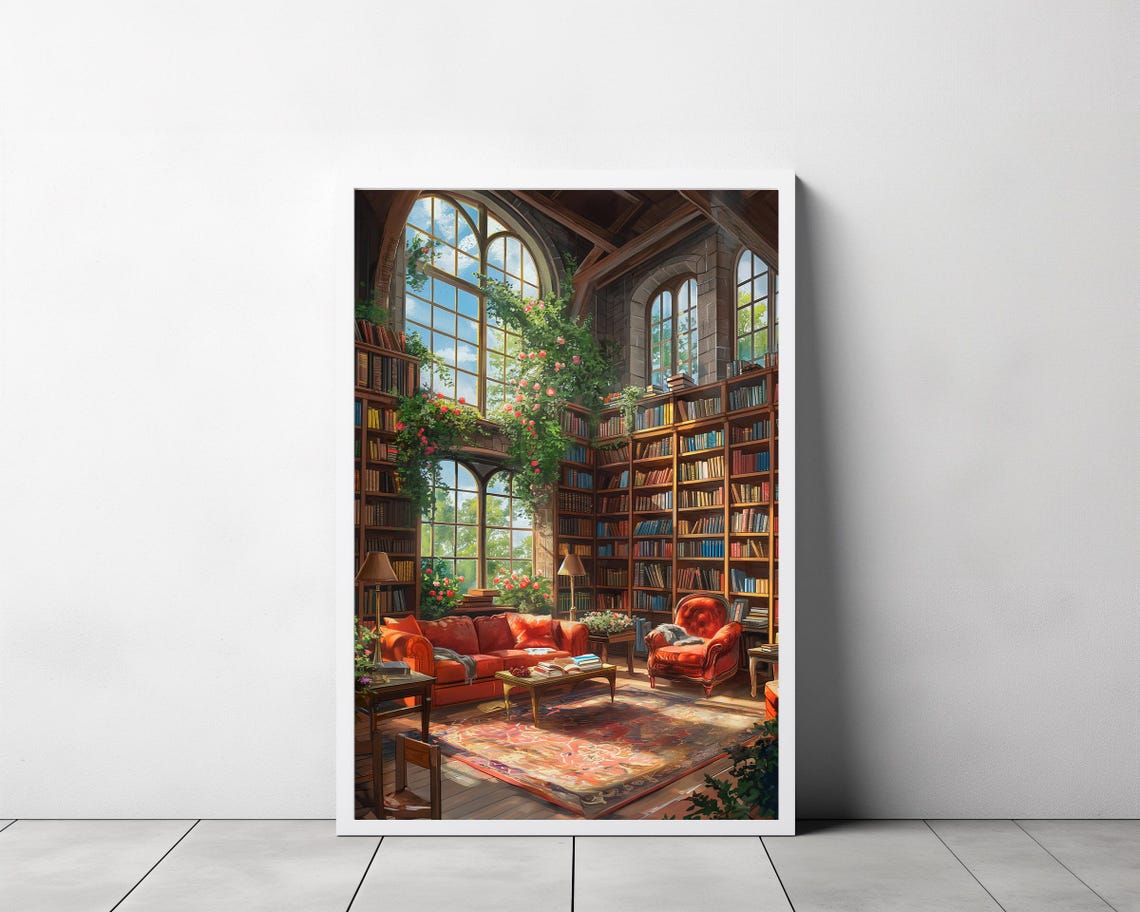 Grand Library Reading Nook with Sunlit Arched Windows Poster - Image 3