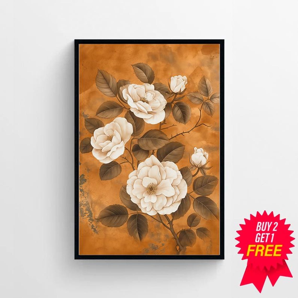 Vintage Cream White Roses Burnt Orange Botanical Floral Poster - Image 4