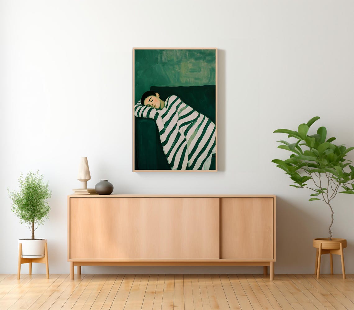 Sleeping Woman Green Couch Cozy Stripes Contemporary Art Poster - Image 2