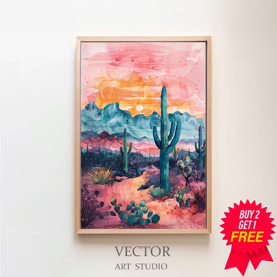 Desert Sunset Saguaro Cacti Teal And Pink Mountains Watercolor Poster