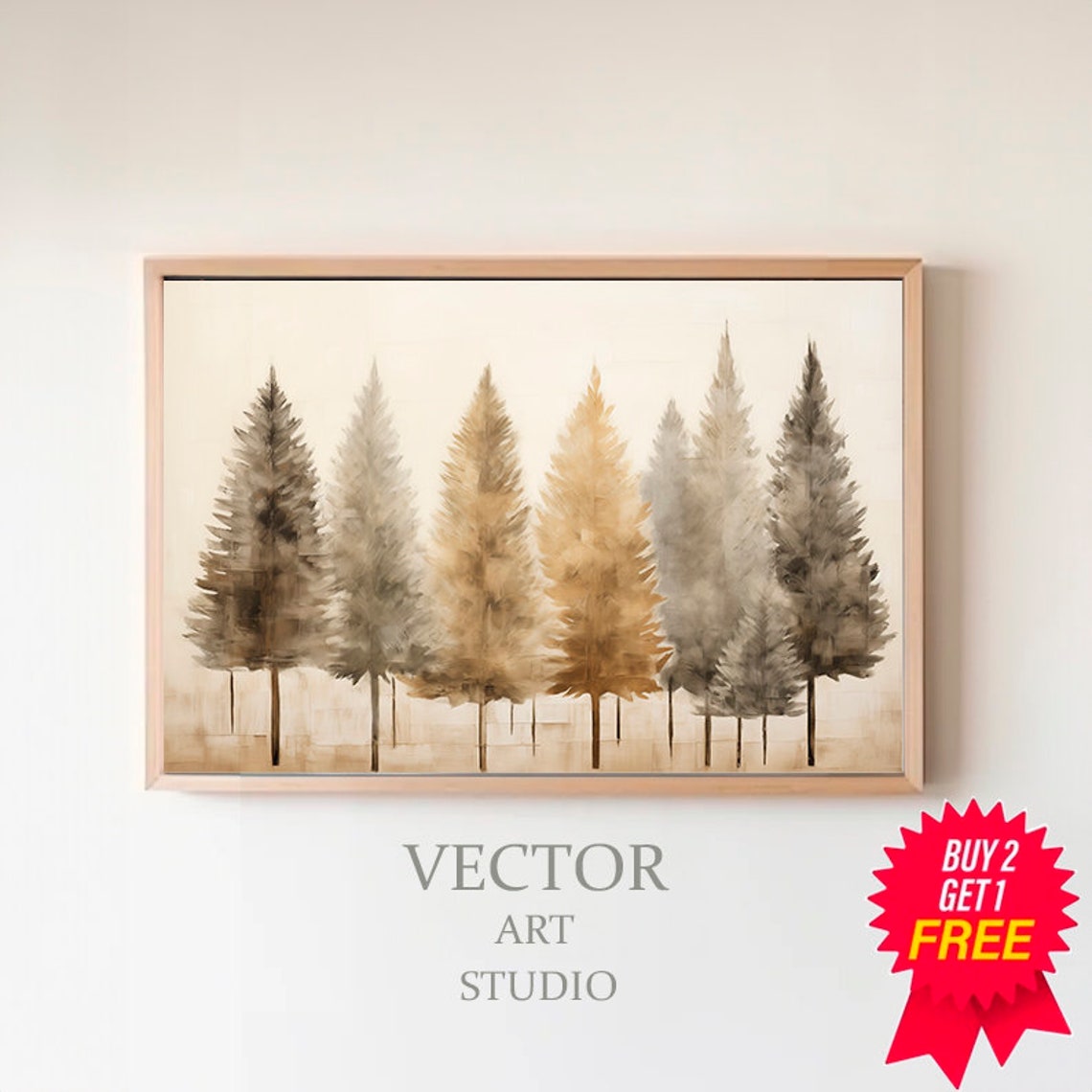 Row of Muted Watercolor Pine Trees in Beige and Gold Tones Poster