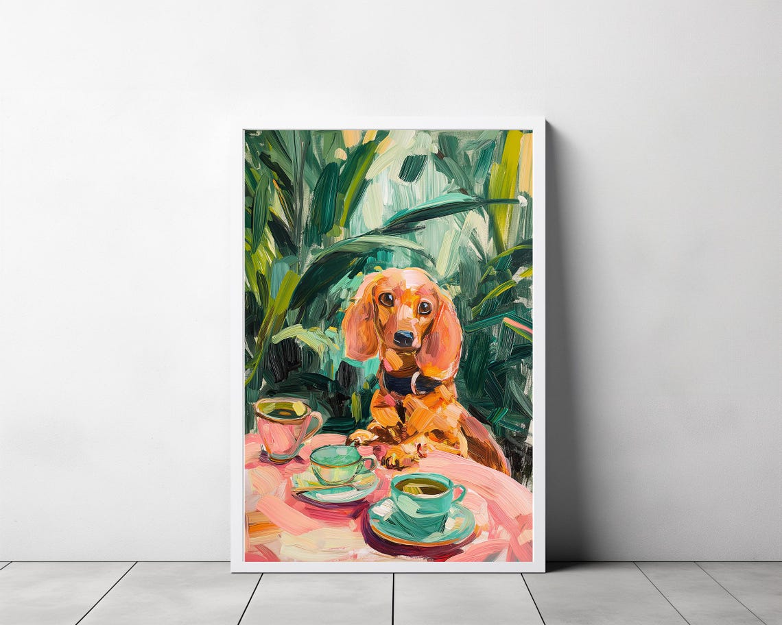 Dachshund Dog at Tea Table with Colorful Teacups Kitchen Wall Poster - Image 3