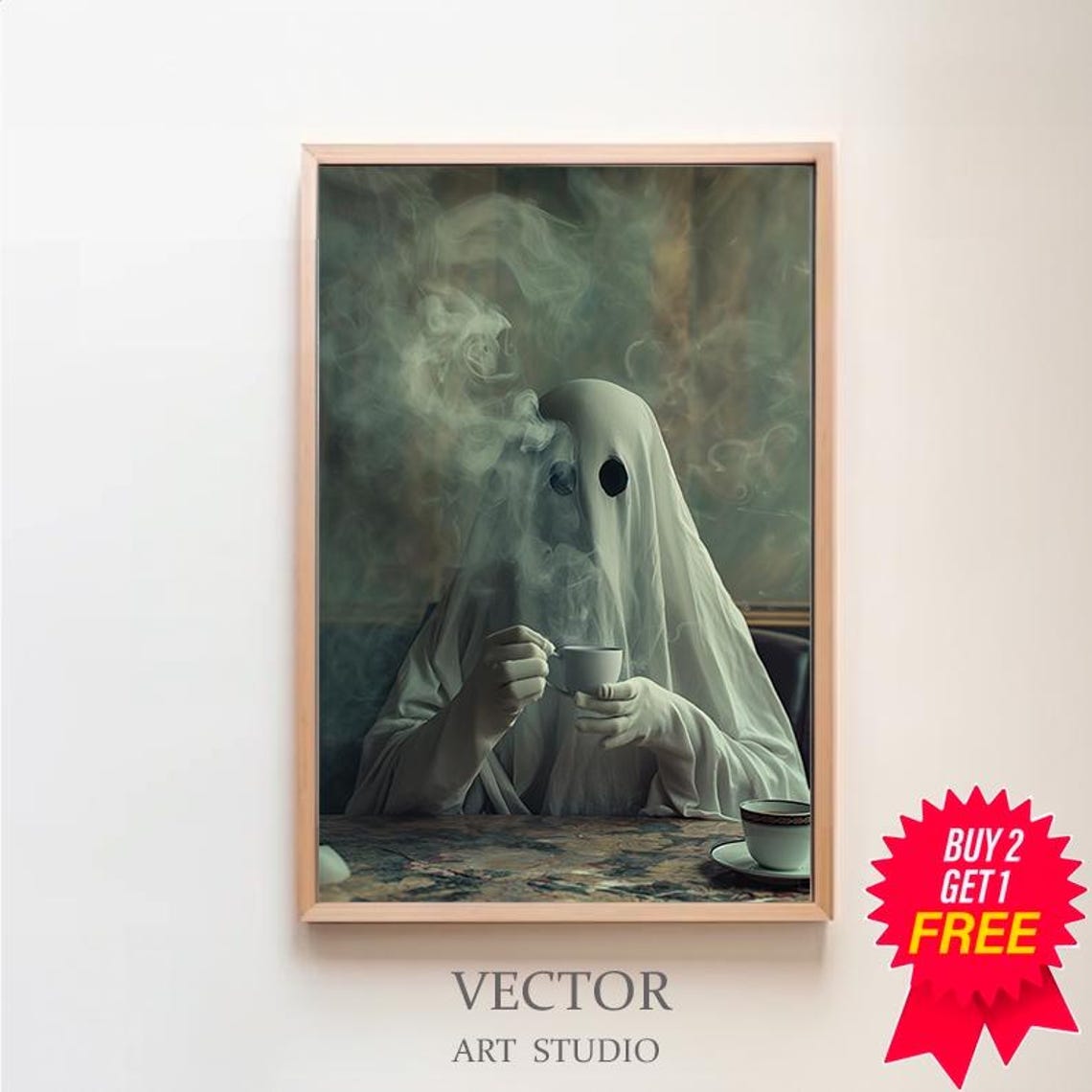 Cute Ghost Drinking Coffee In Smoky Moody Dark Academia Art Poster
