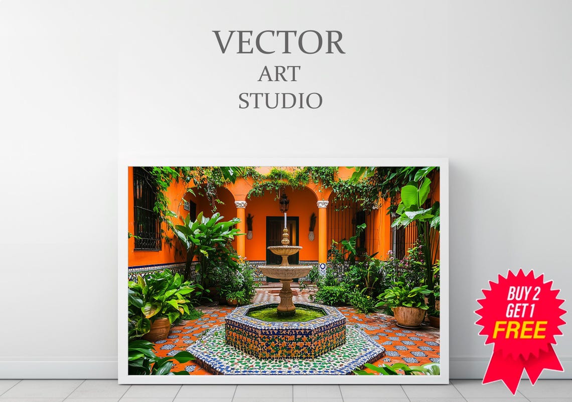 Mexican Courtyard Hexagonal Mosaic Fountain Garden View Poster - Image 3
