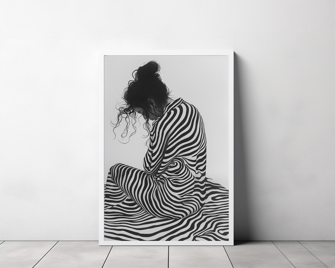 Monochrome Woman in Striped Dress Kneeling With Bowed Head Poster - Image 3