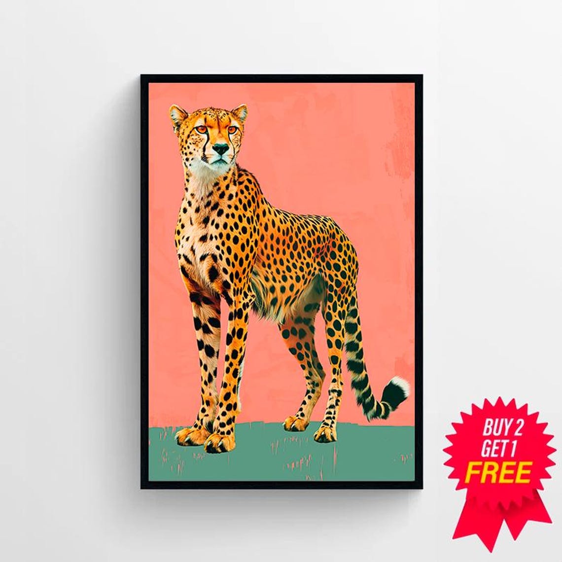 Cheetah Standing On Coral And Green Bold Pop Art Portrait Poster - Image 4