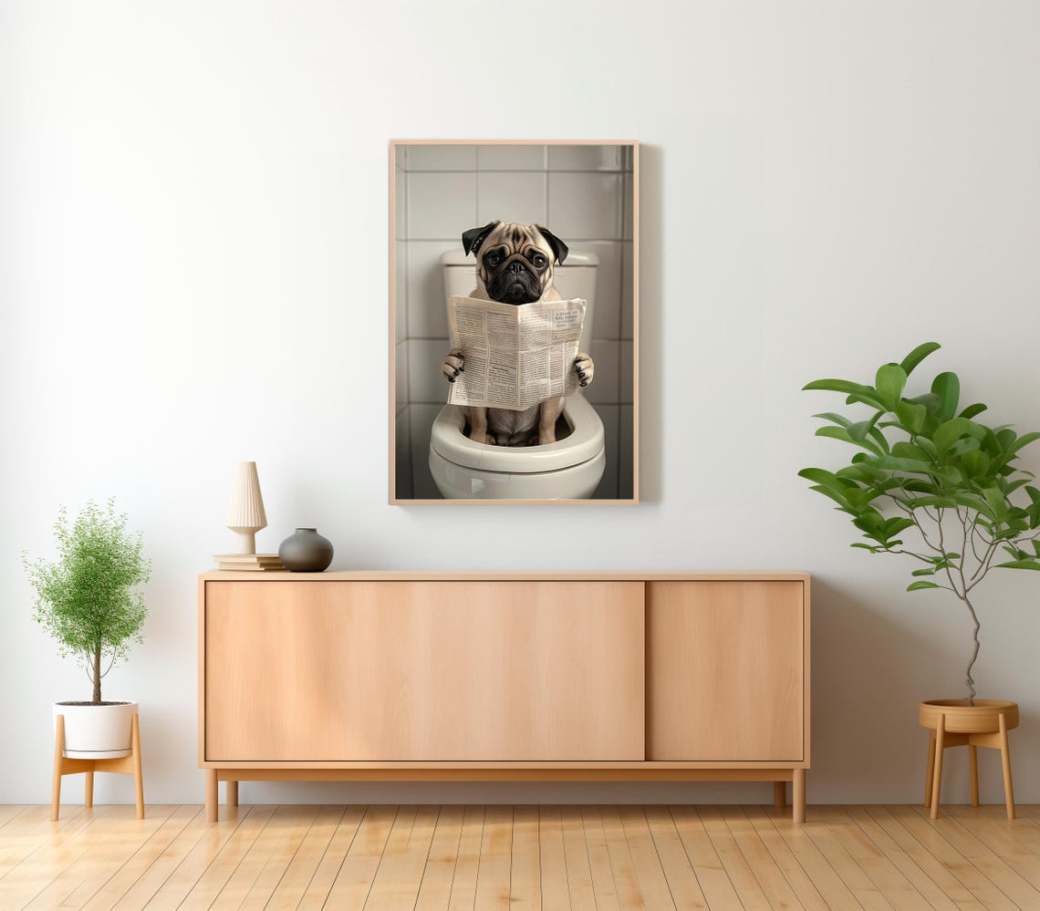 Pug Front View Reading Newspaper on Toilet Funny Bathroom Poster - Image 2