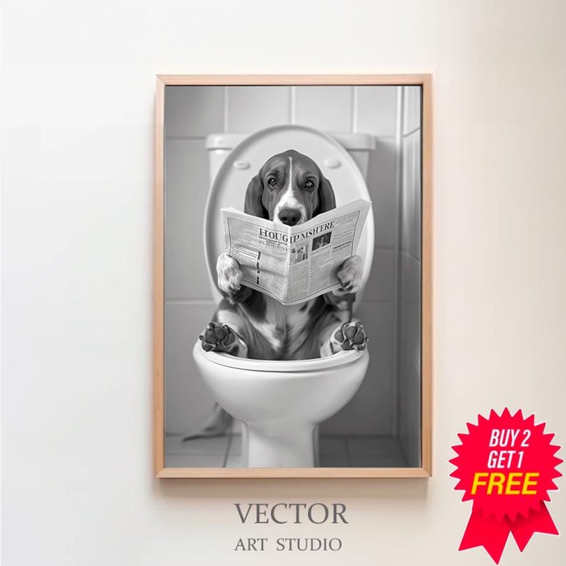 Basset Hound Reading Newspaper on Toilet Funny Bathroom Poster