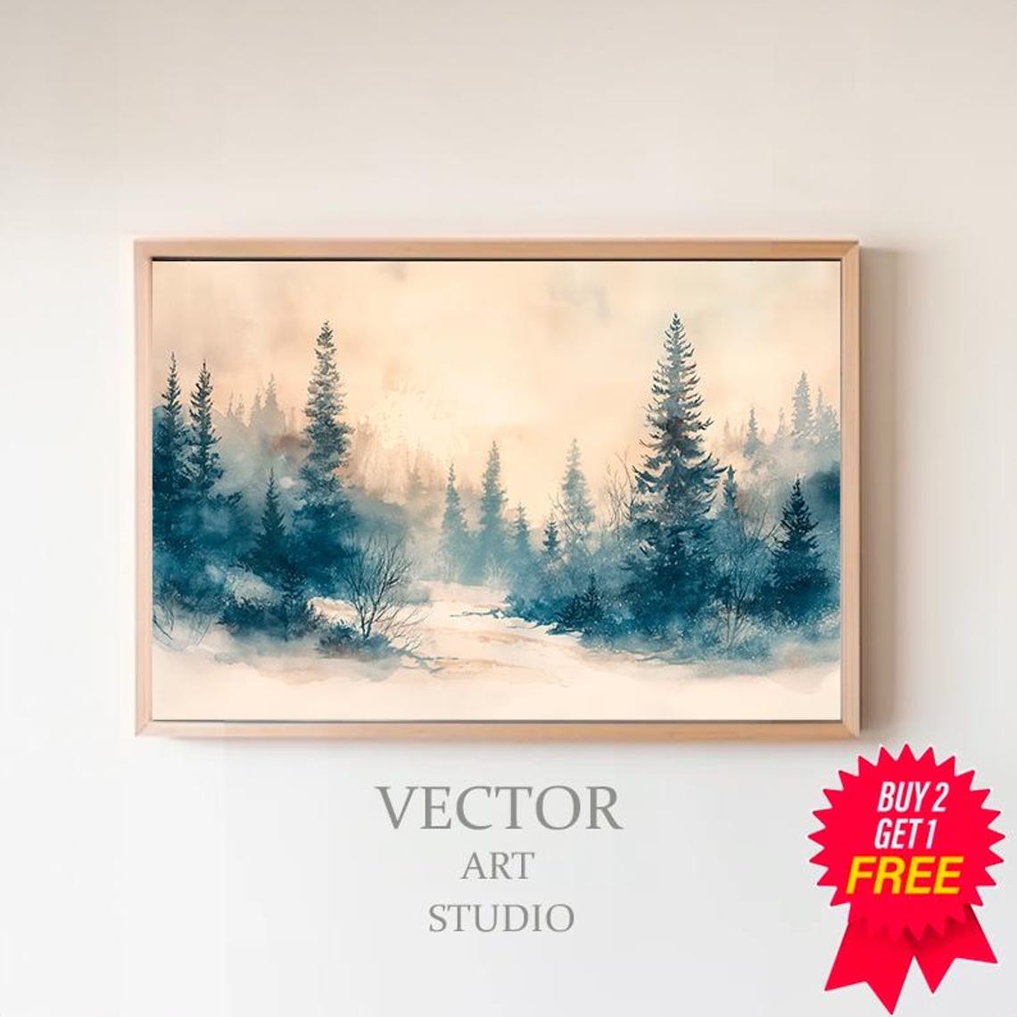 Snowy Pine Forest with a Winding Path in Soft Winter Light Art Poster