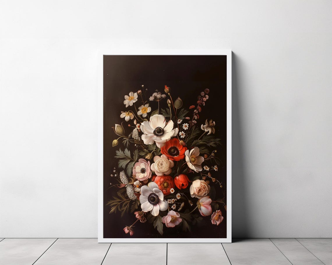 Moody Dark Floral Bouquet White Anemones and Red Poppies Poster - Image 3