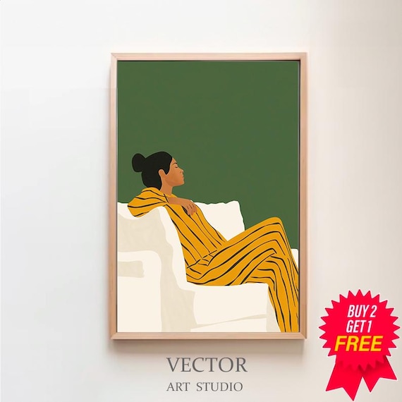 Woman in Yellow Stripes Lounging on a White Armchair Art Poster
