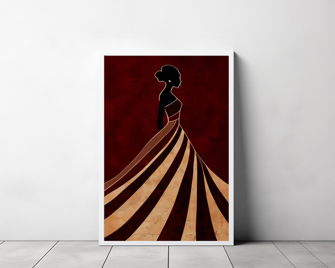 Flowing Gown Silhouette Burgundy Gold Stripes Fashion Poster - Image 3