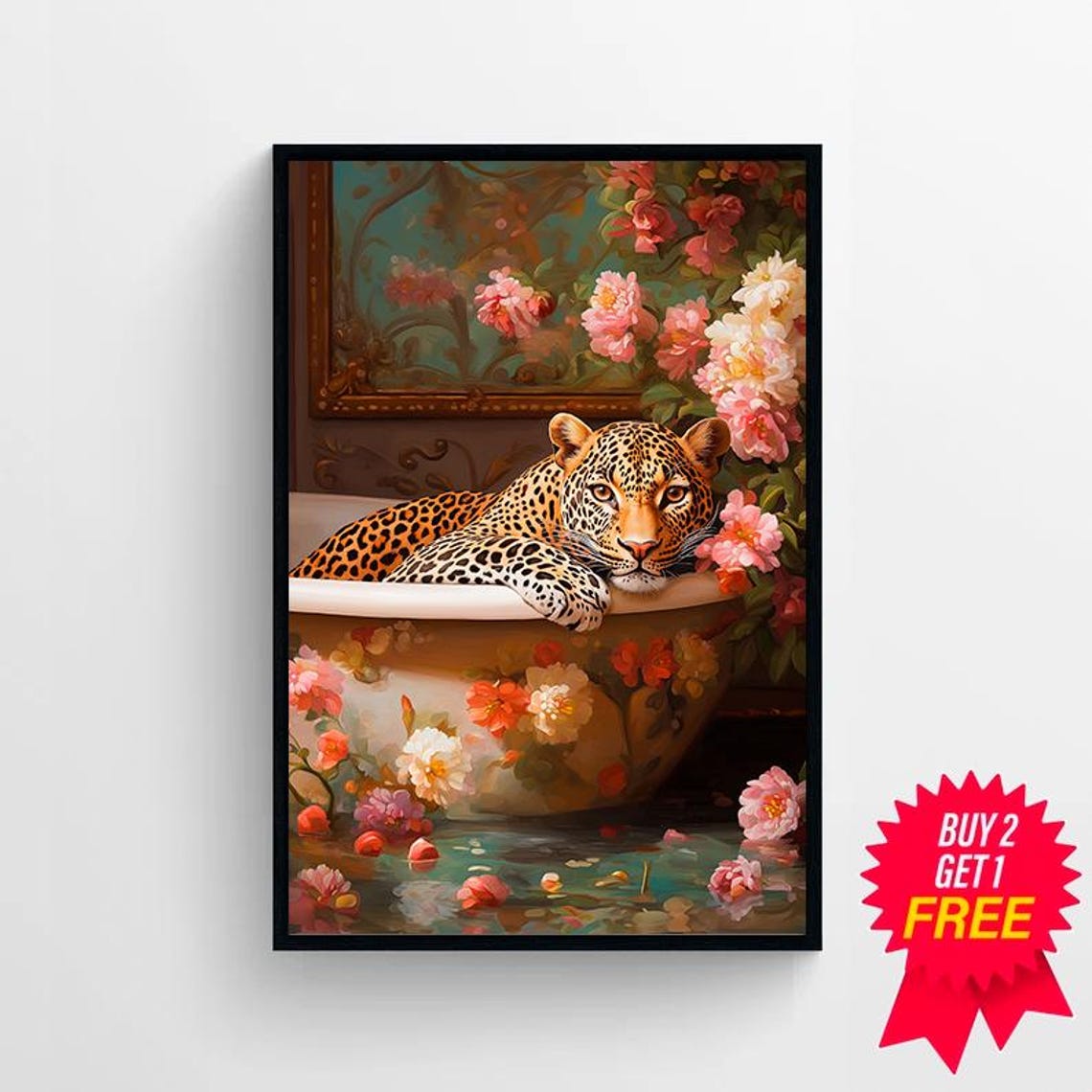 Wall Art Leopard In A Bathtub Maximalist Oil Painting Colorful Trendy Kitsch Bathroom Print Vivid Bold Dopamine Animal Picture - Image 4