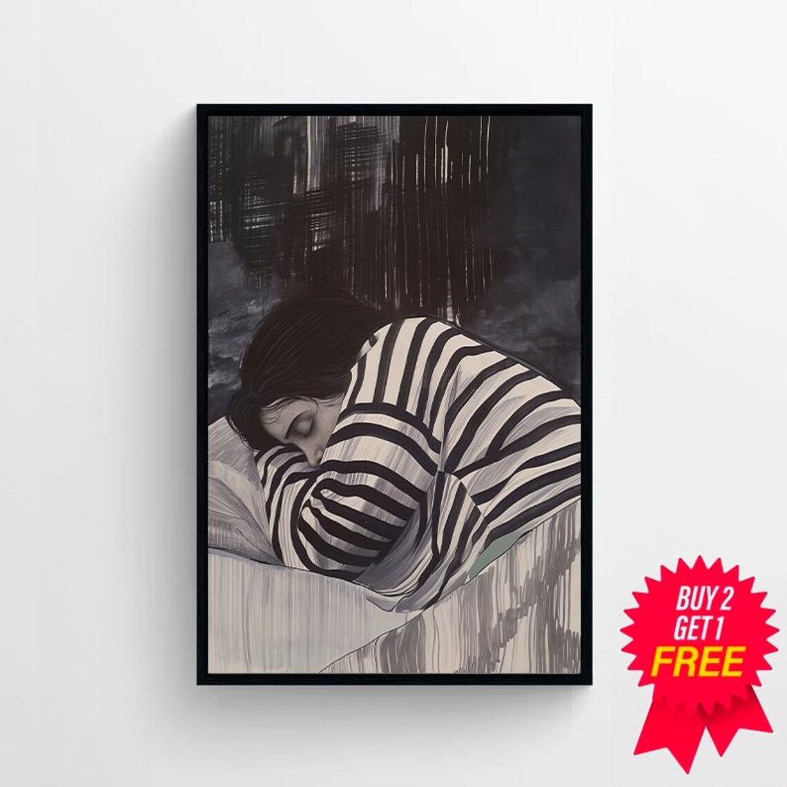Sleeping Woman Dark Sketchy Striped Shirt Moody Bedroom Art Poster - Image 4