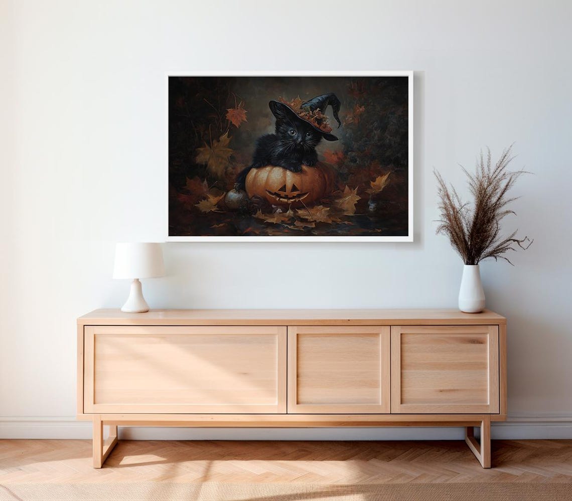 Black Kitten in Witch Hat Behind Jack-O-Lantern Halloween Poster - Image 2