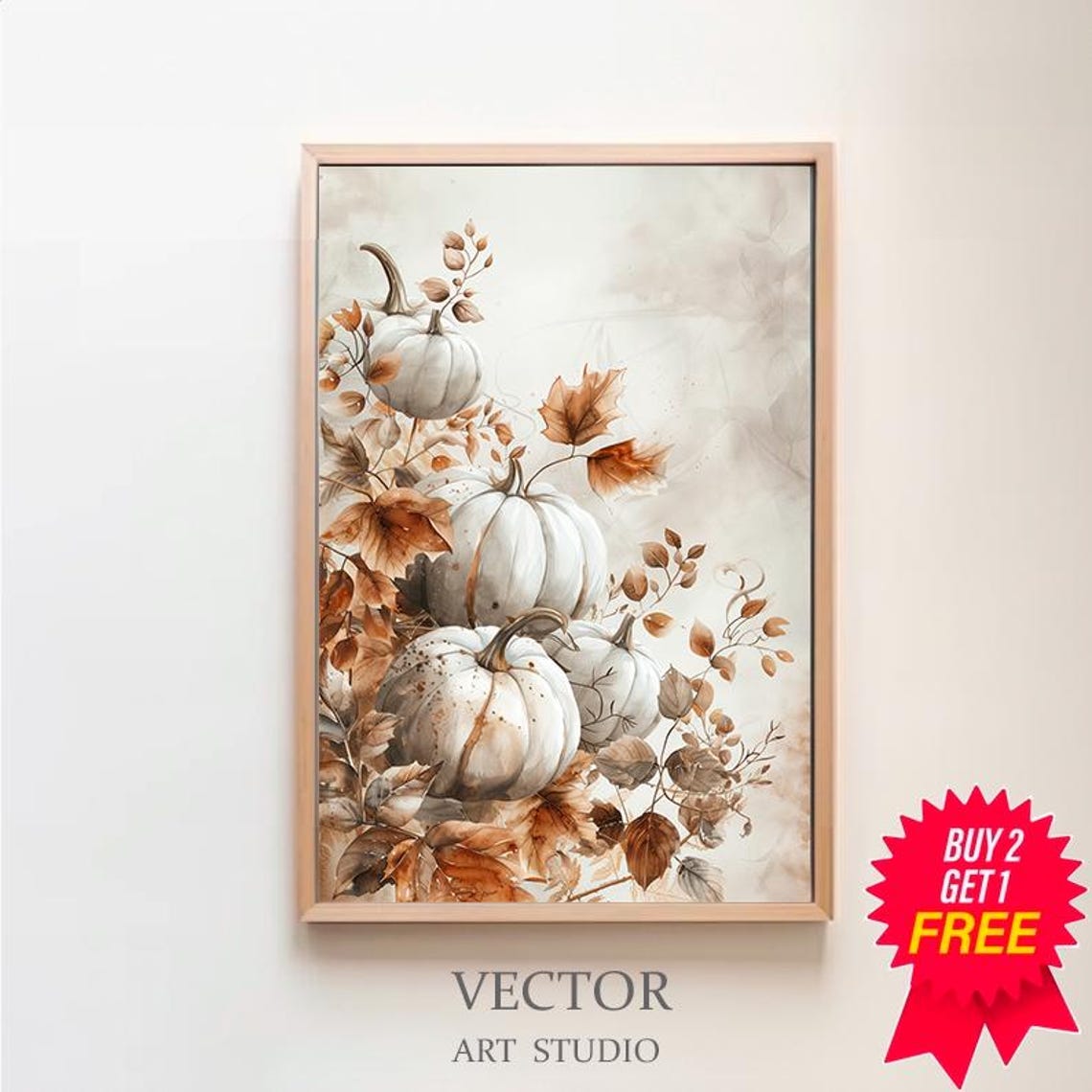 Stacked White Pumpkins With Fall Leaves Watercolor Art Poster