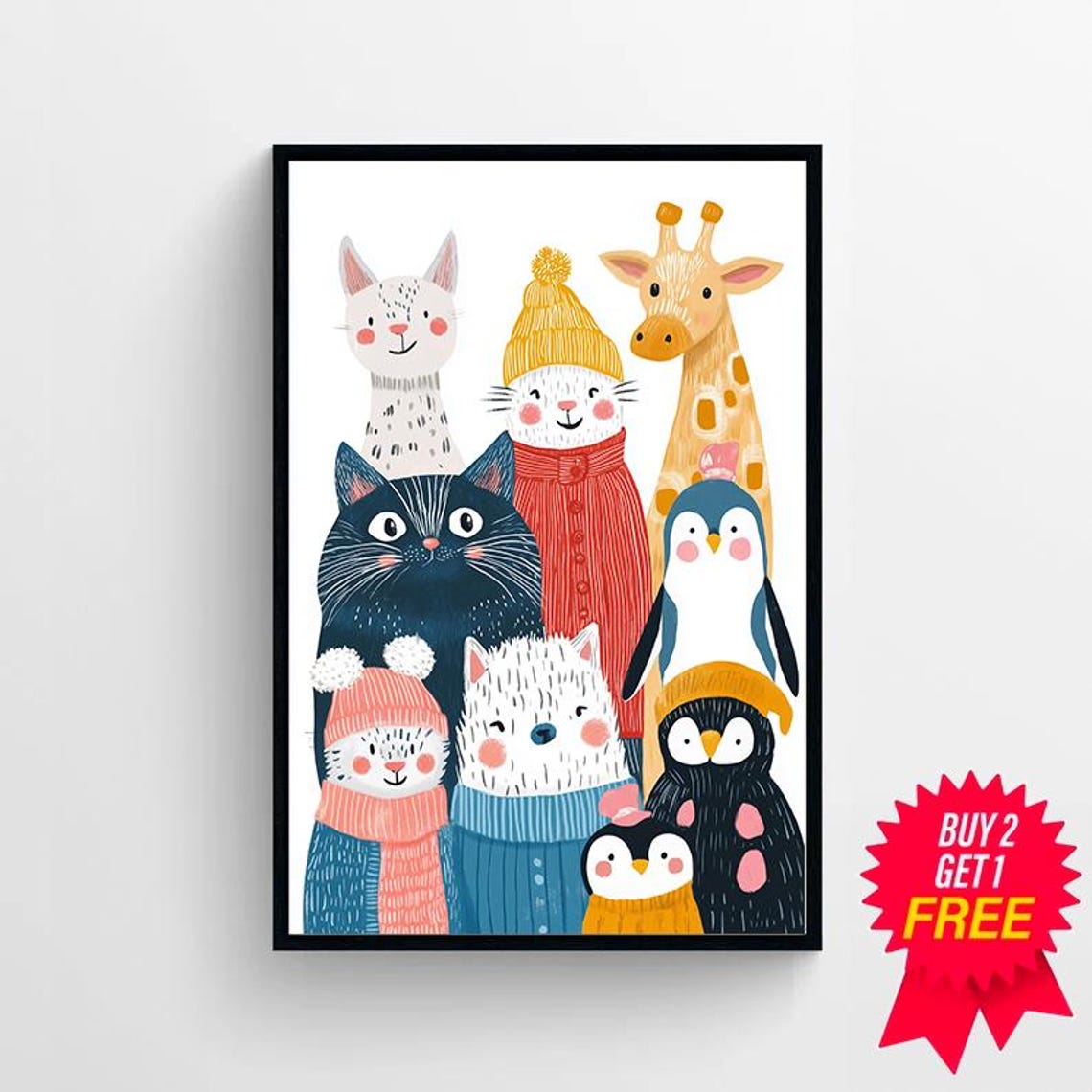 Cute Cartoon Animals Bundled in Winter Sweaters Kids Room Wall Art - Image 4