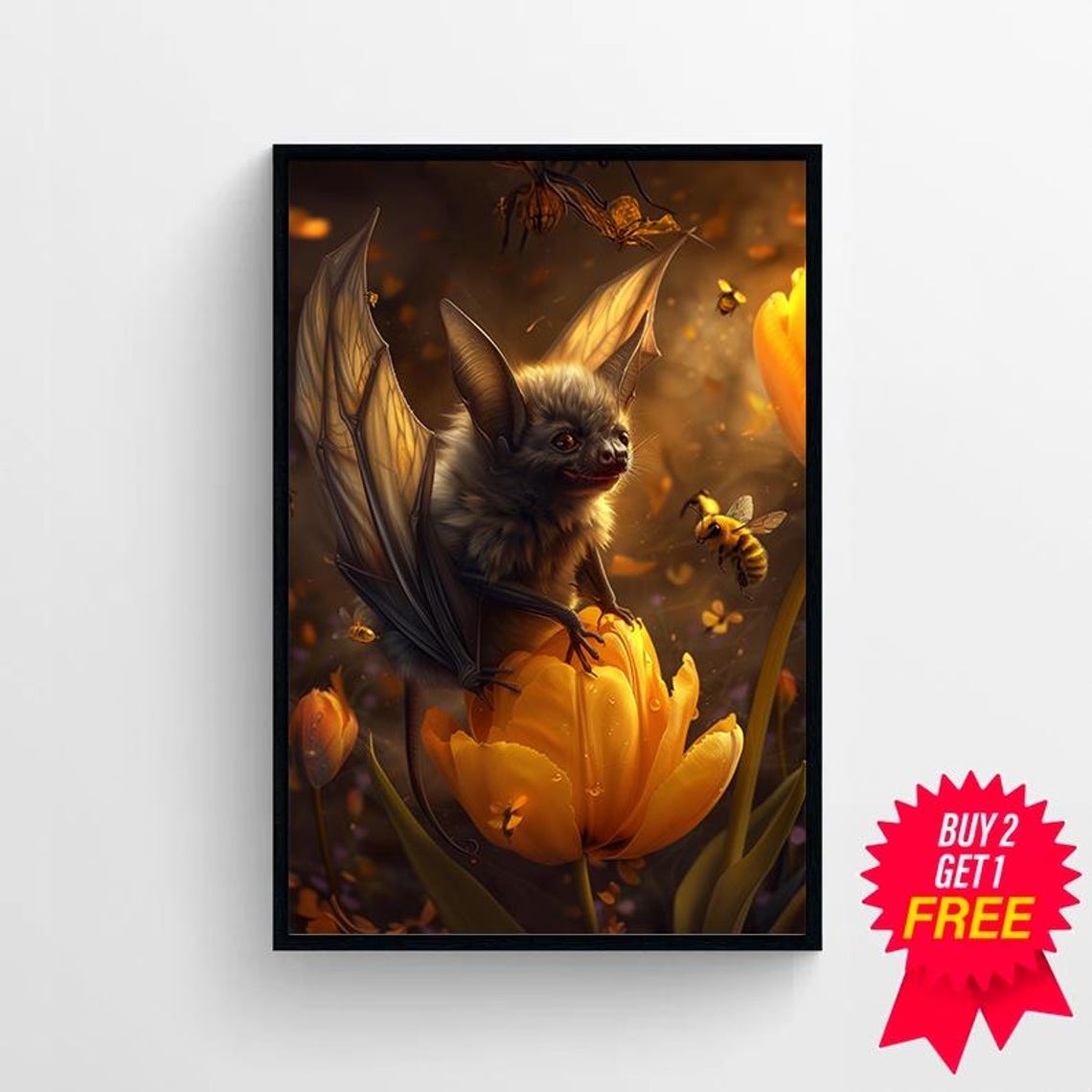 Whimsical Bat Perched on a Golden Tulip Among Bees Fantasy Poster - Image 4
