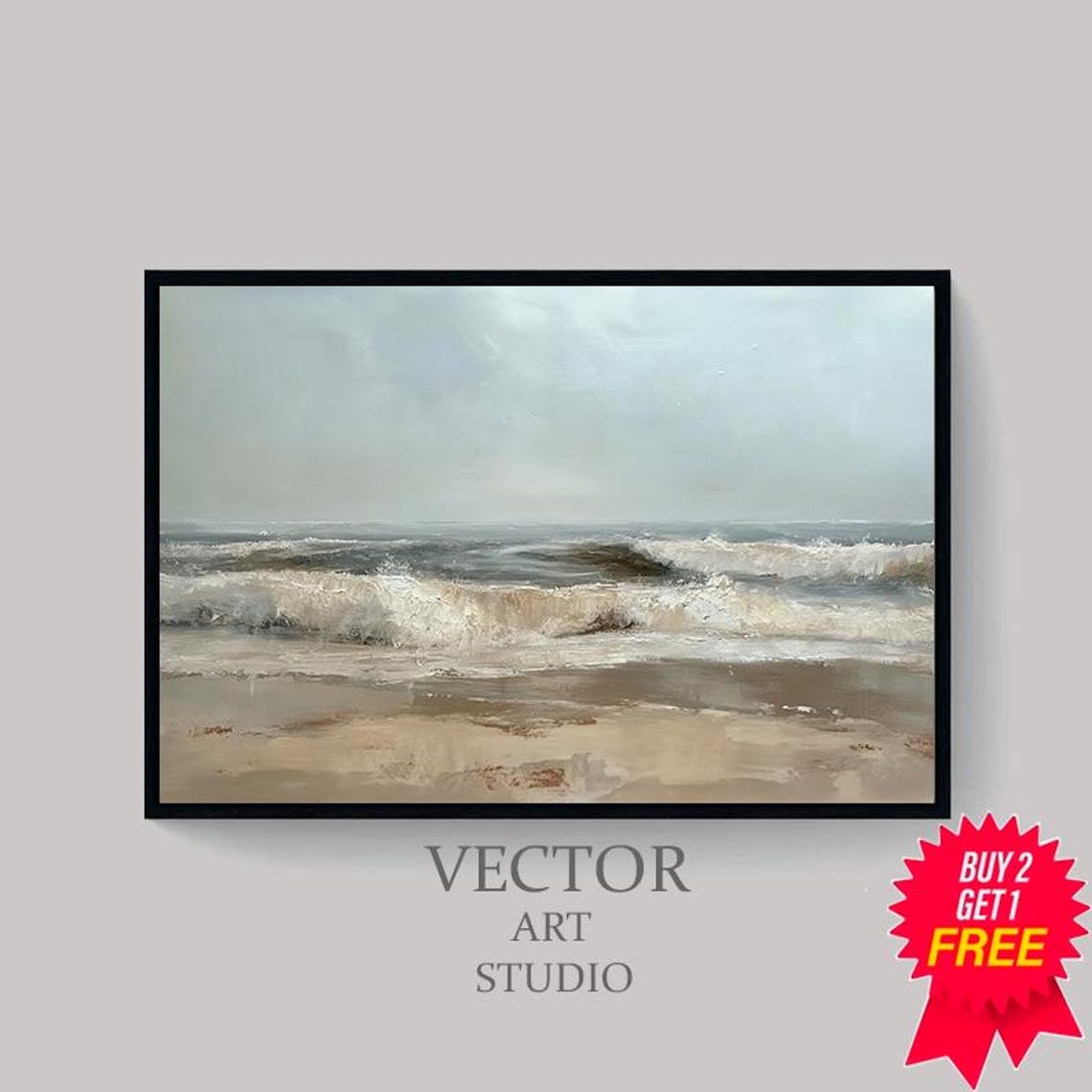 Calm Neutral Beach Seascape with Gentle Waves Coastal Wall Art - Image 4