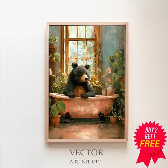Black Bear Cub Sitting in a Copper Bathtub Botanical Art Poster