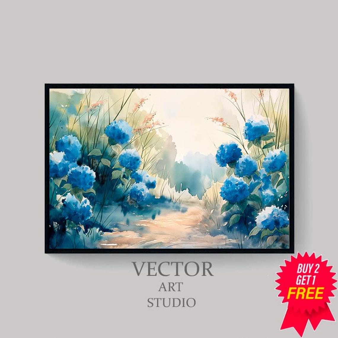 Blue Hydrangea Garden Path Watercolor Spring Botanical Art Print - Image 4