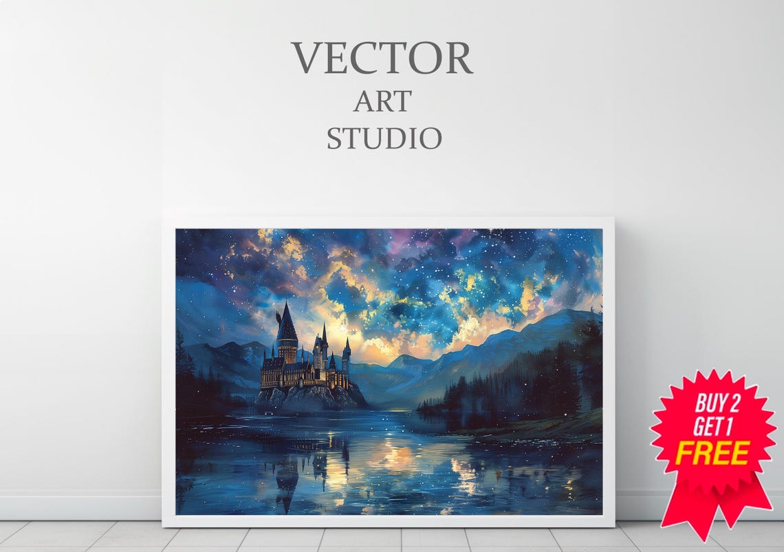 Wizarding Night Castle by the Lake under a Starry Sky Poster - Image 3
