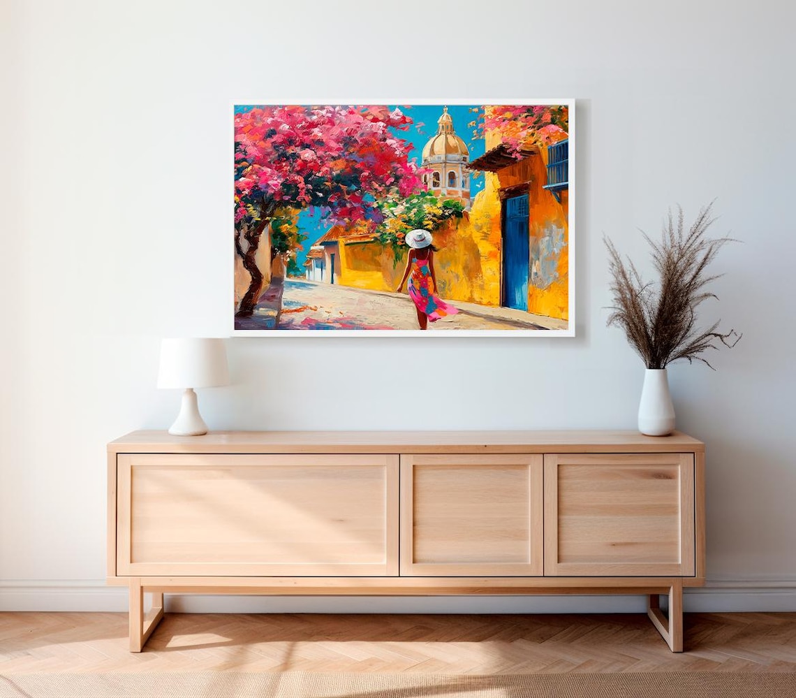 Colorful Mexican Street Scene with Bougainvillea and Church Poster - Image 2