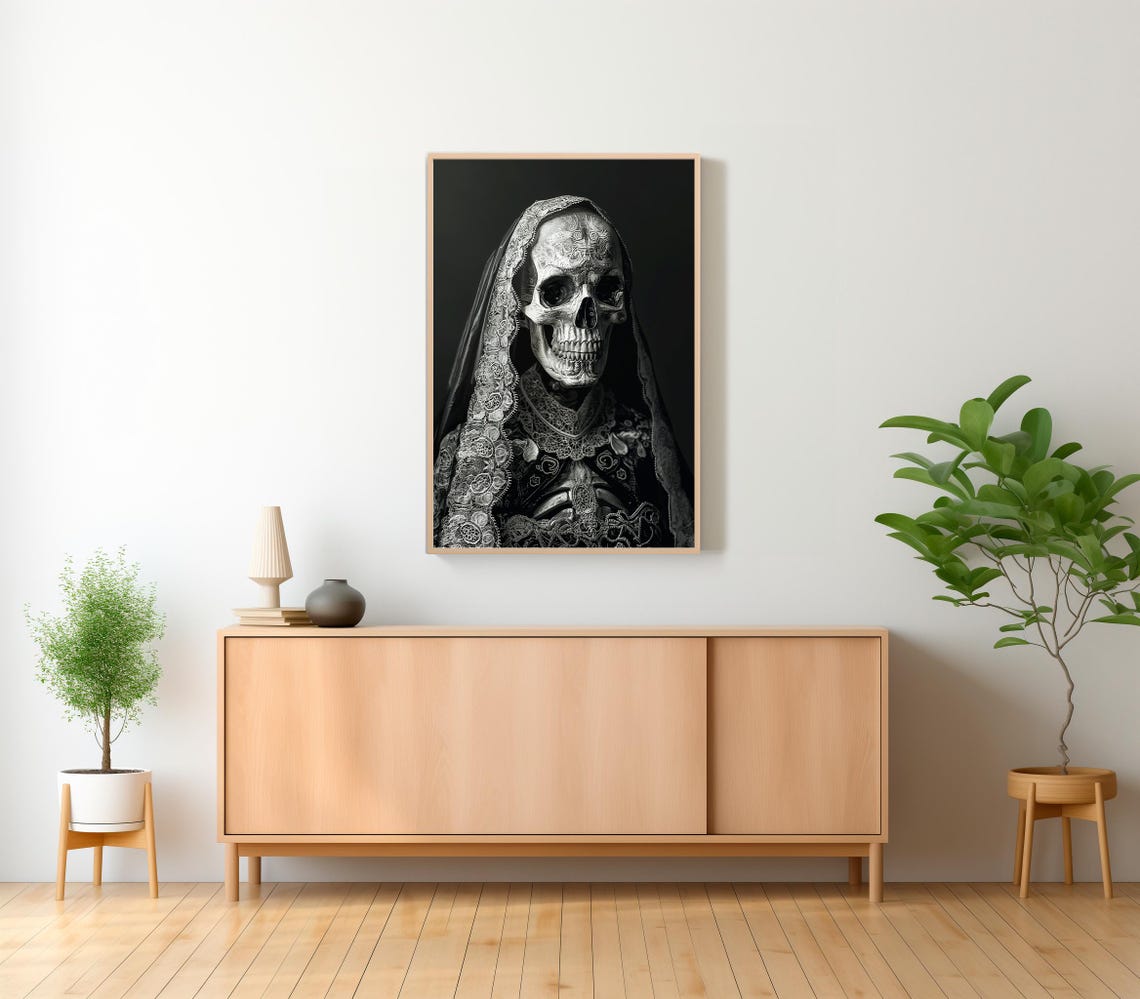 Elegant Lady Skeleton in Black Lace Veil Dark Academia Gothic Poster - Image 2