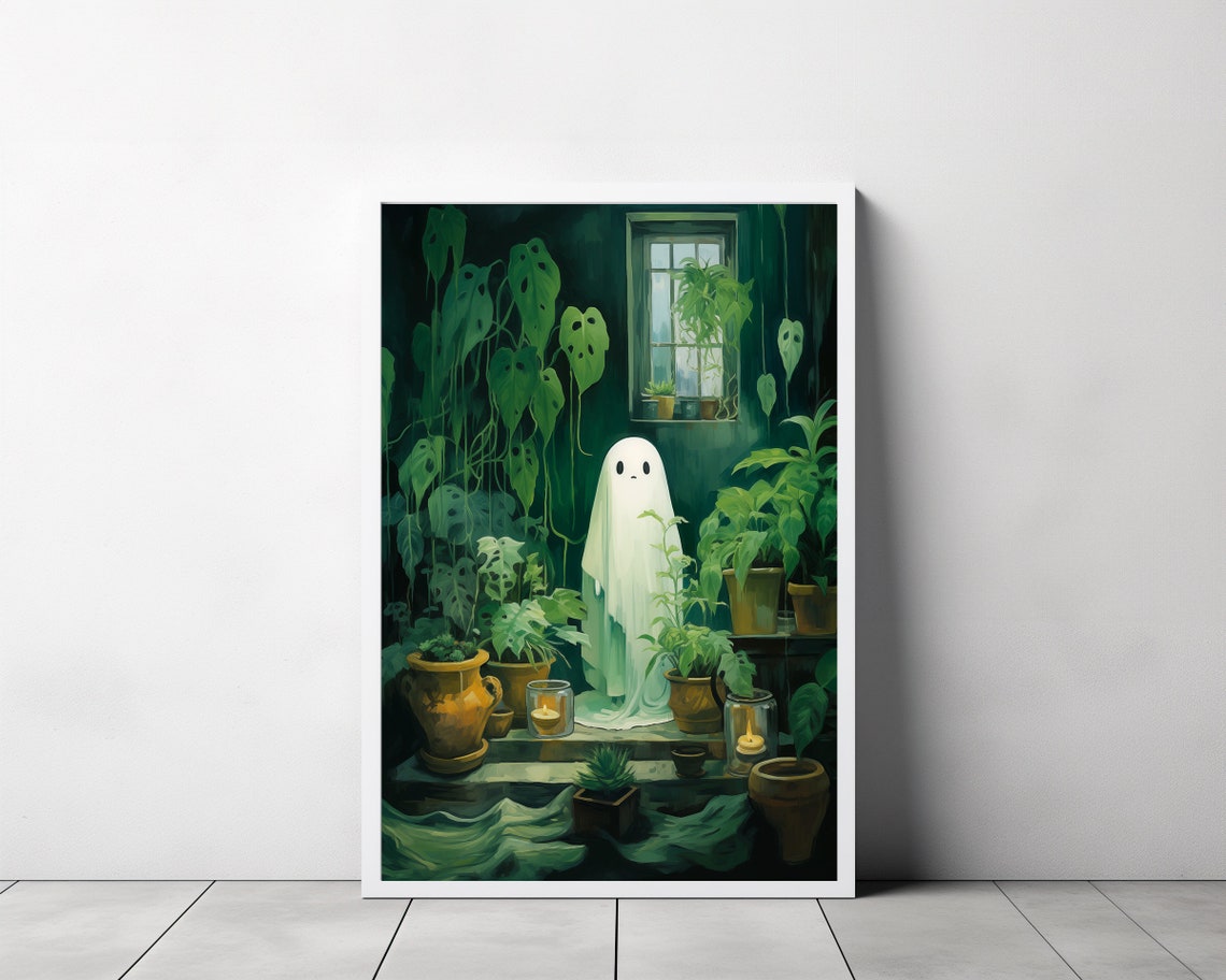 Ghost Standing Among Potted Plants With Lit Candles Halloween Poster - Image 3